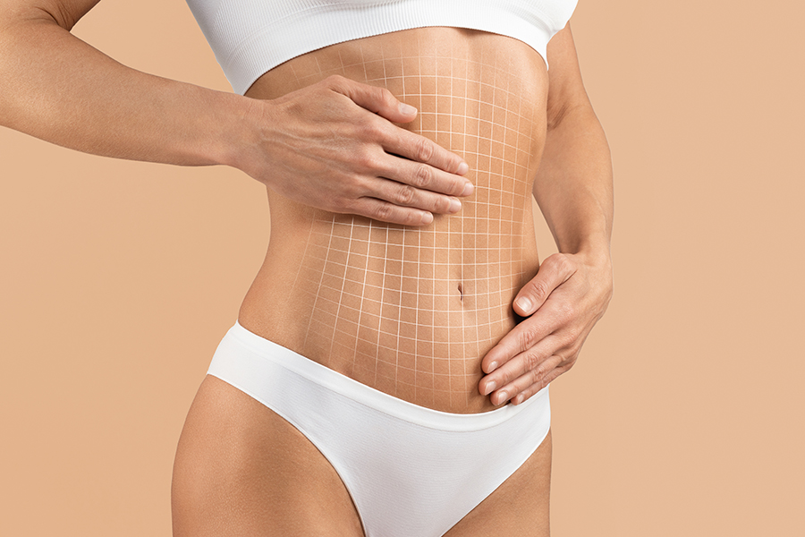 Female body with flat abdomen and drawn mesh